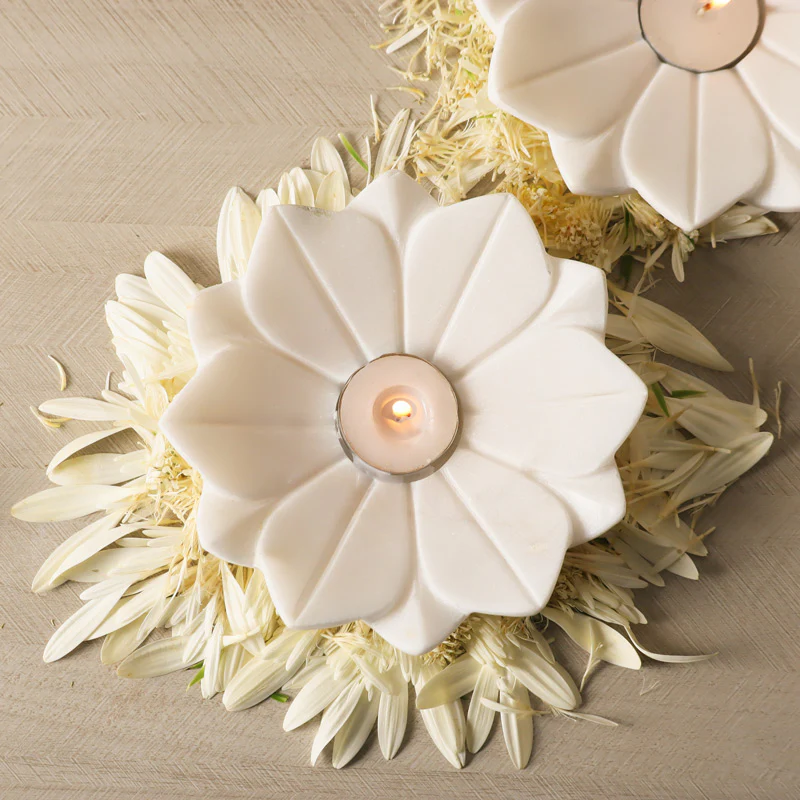Flora Marble Tealight Holders, Set of 2 - White - Image 5