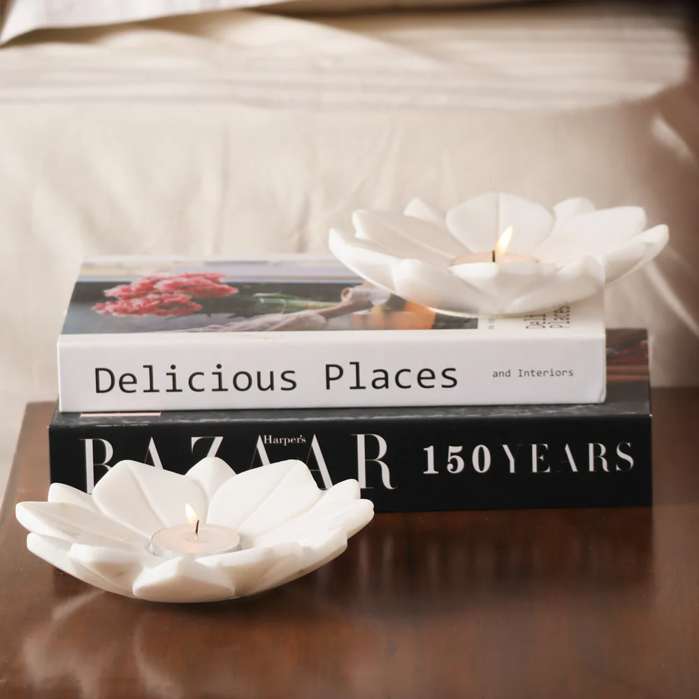 Flora Marble Tealight Holders, Set of 2 - White - Image 6