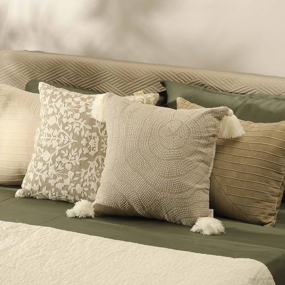 Fossil Beaded Embroidered Cotton Cushion Cover 45x45cm - Greige White - Image 6
