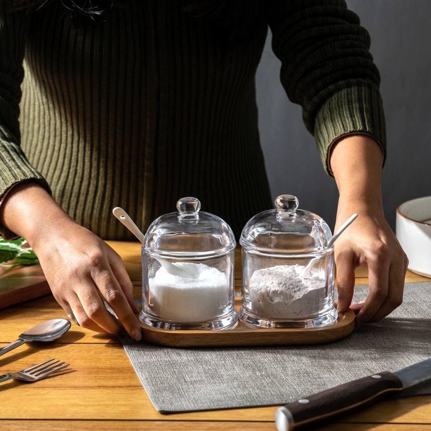 Glass Condiment Set with Wooden Base - Image 2