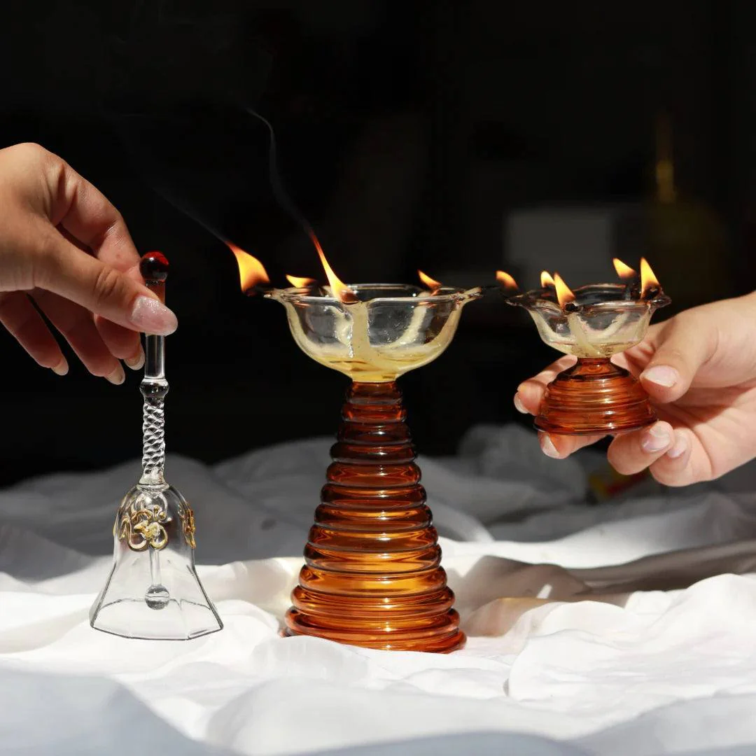 Glass Diya Set with Bell - Amber - Image 3