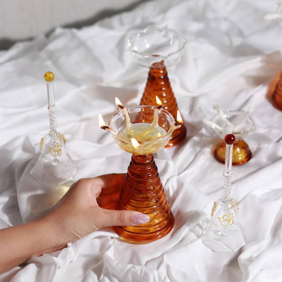 Glass Diya Set with Bell - Amber - Image 4