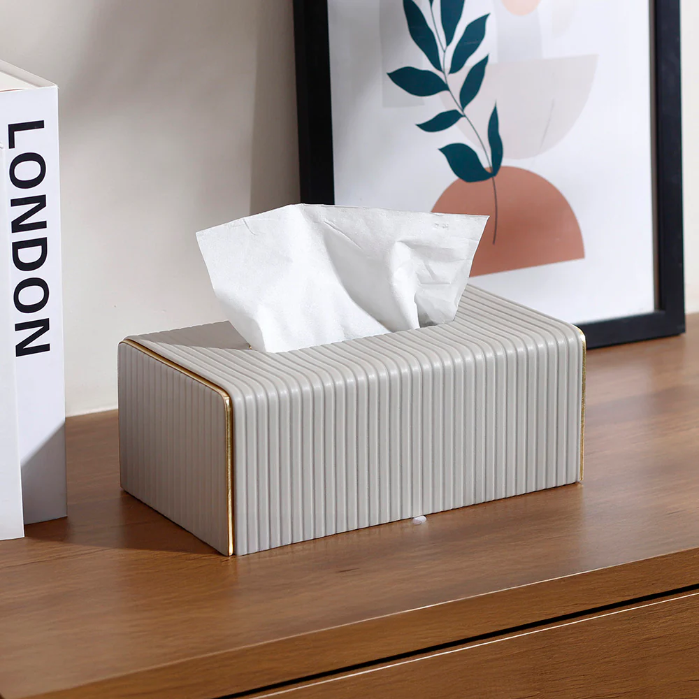 Gold Edge Tissue Box Holder - Light Grey