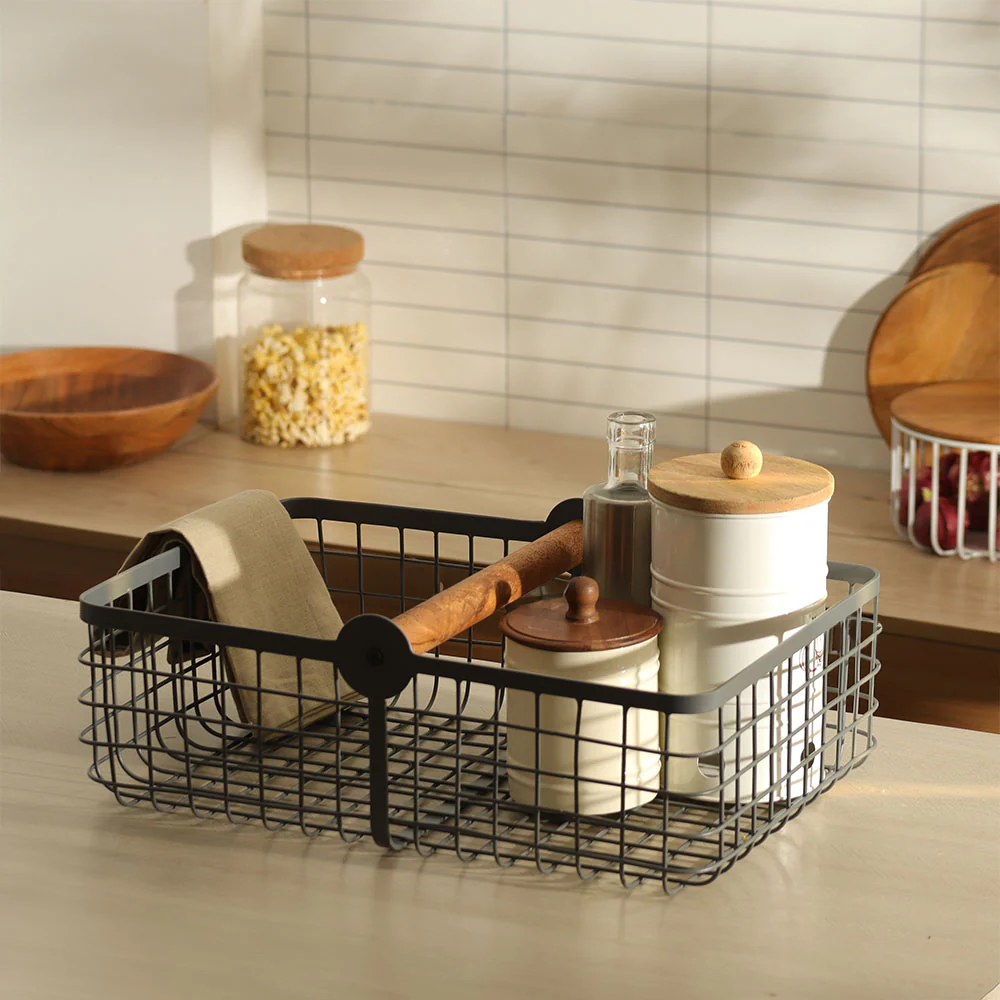 Grid Storage Basket with Handle Large - Grey - Image 2