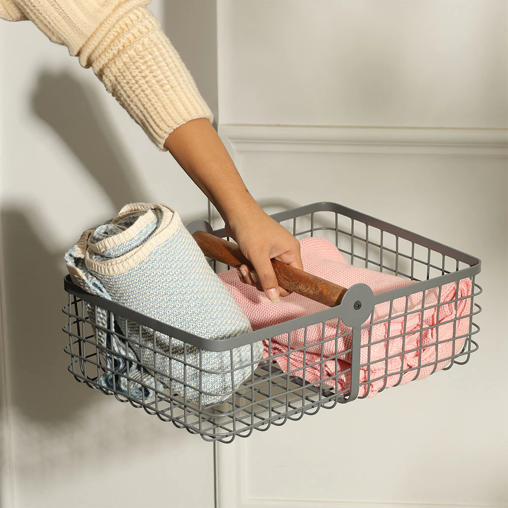 Grid Storage Basket with Handle Large - Grey - Image 5