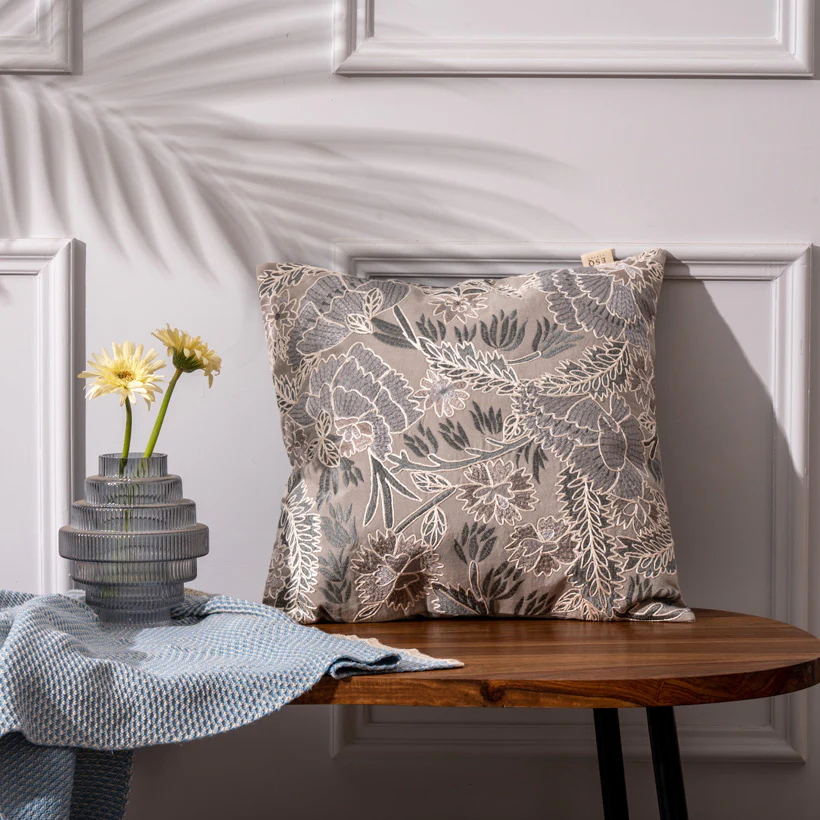 Hana Embroidered Cushion Cover 45x45cm - Beige Grey - Image 4