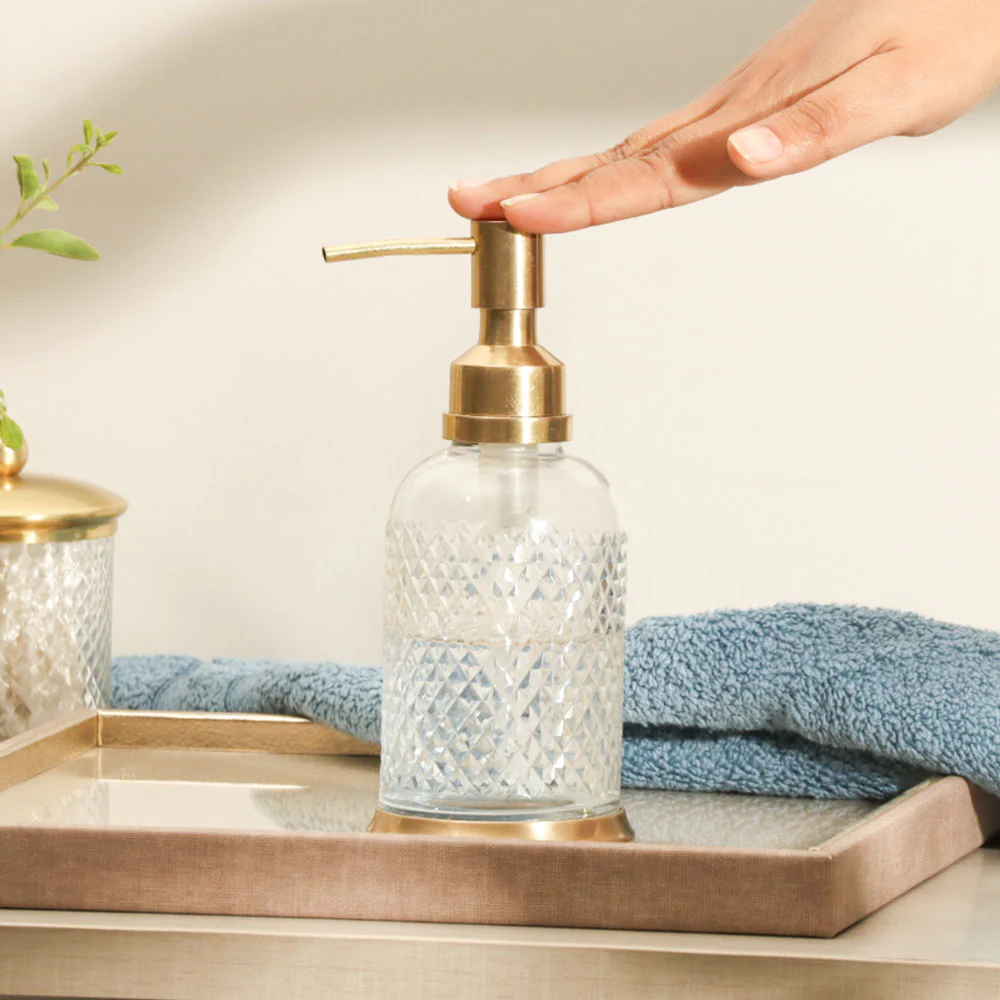 Harlequin Glass and Brass Soap Dispenser - Clear Gold - Image 2