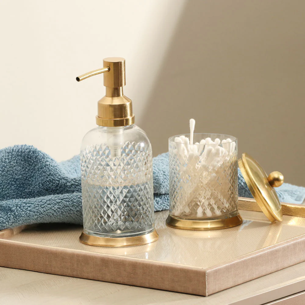 Harlequin Glass and Brass Soap Dispenser - Clear Gold - Image 4