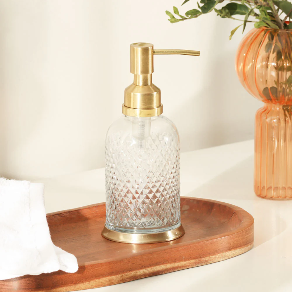 Harlequin Glass and Brass Soap Dispenser - Clear Gold - Image 5