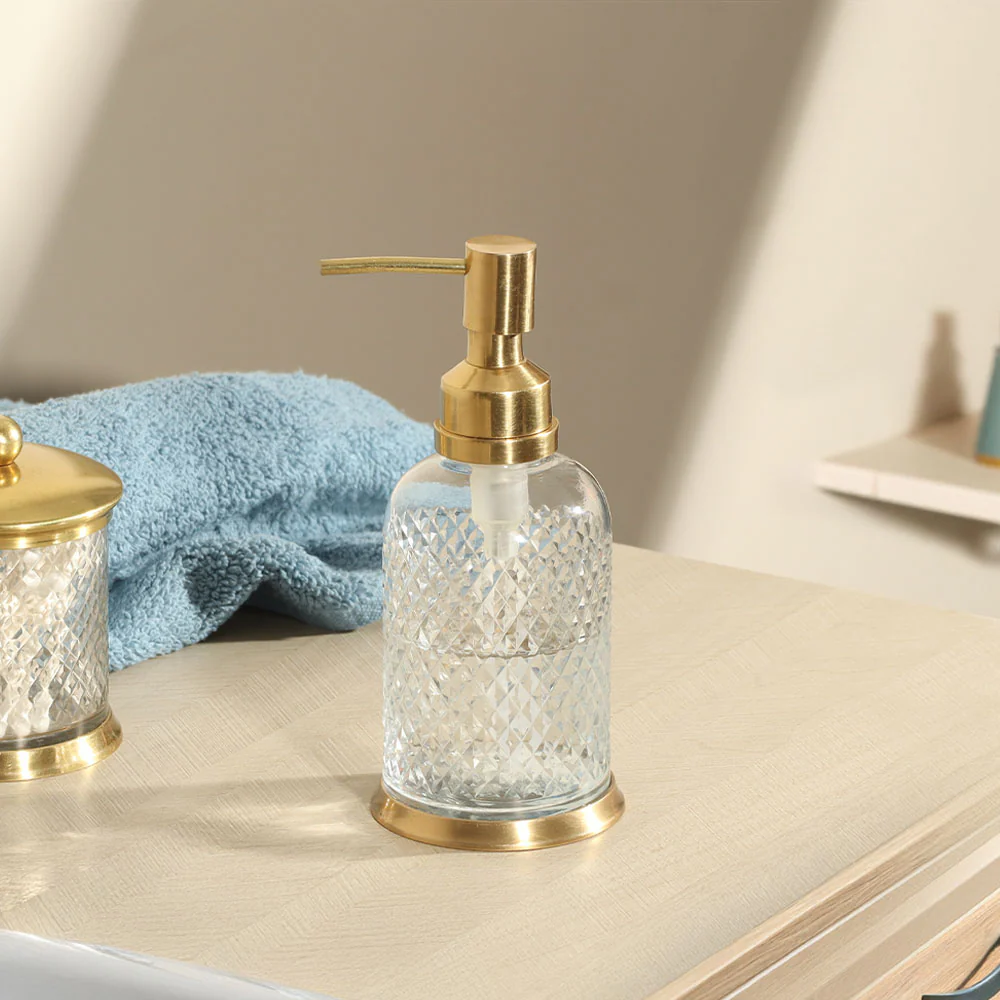 Harlequin Glass and Brass Soap Dispenser - Clear Gold - Image 6