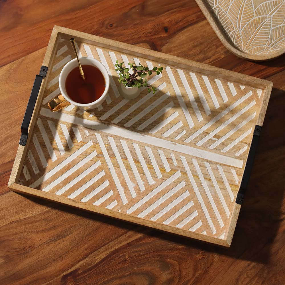Herringbone Carved Serving Tray Large - Vintage White - Image 2