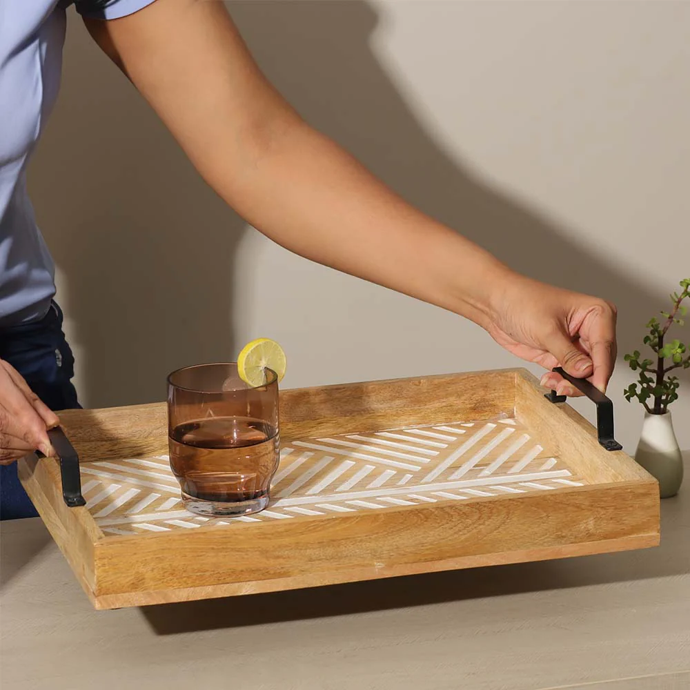 Herringbone Carved Serving Tray Large - Vintage White - Image 3