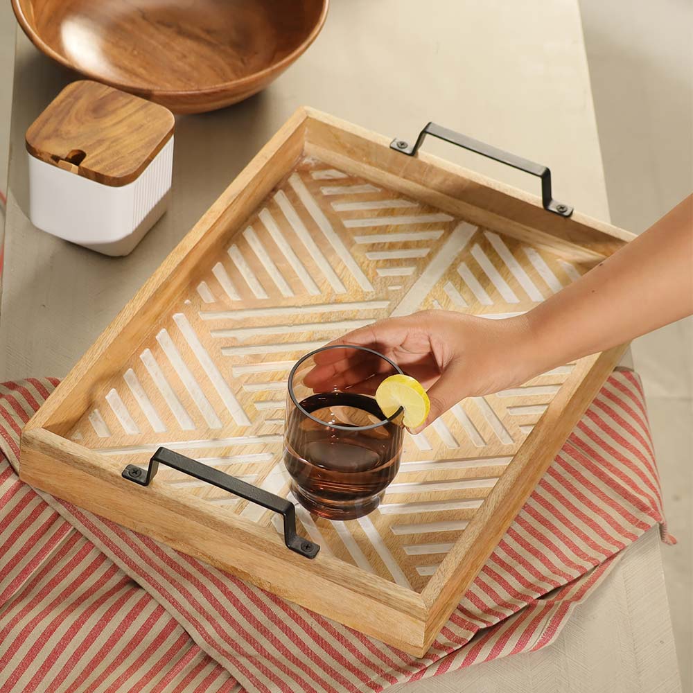 Herringbone Carved Serving Tray Large - Vintage White - Image 4