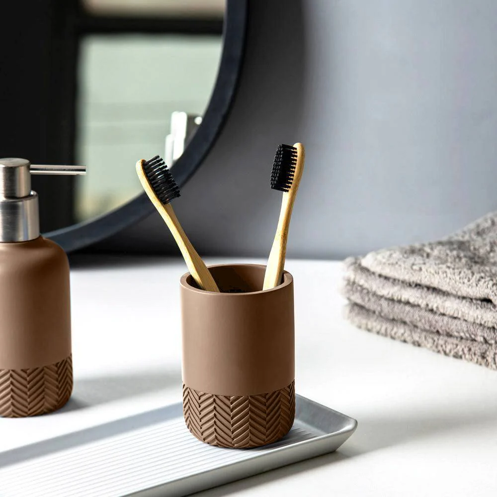 Herringbone Toothbrush Tumbler - Dark Beige