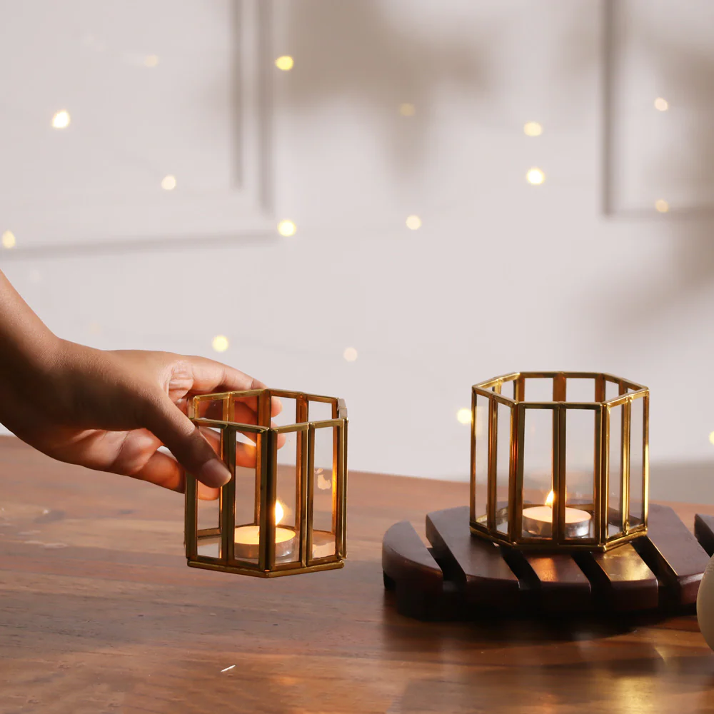 Hexagon Tealight Holders 2-Piece Gift Set - Gold - Image 5