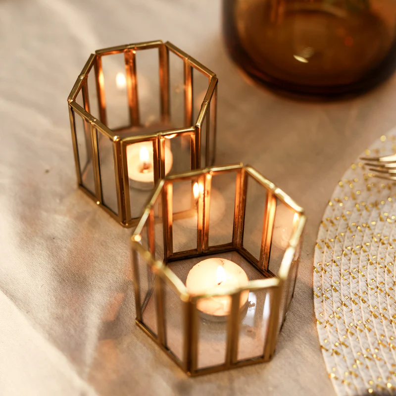 Hexagon Tealight Holders Tall, Set of 2 - Gold - Image 7