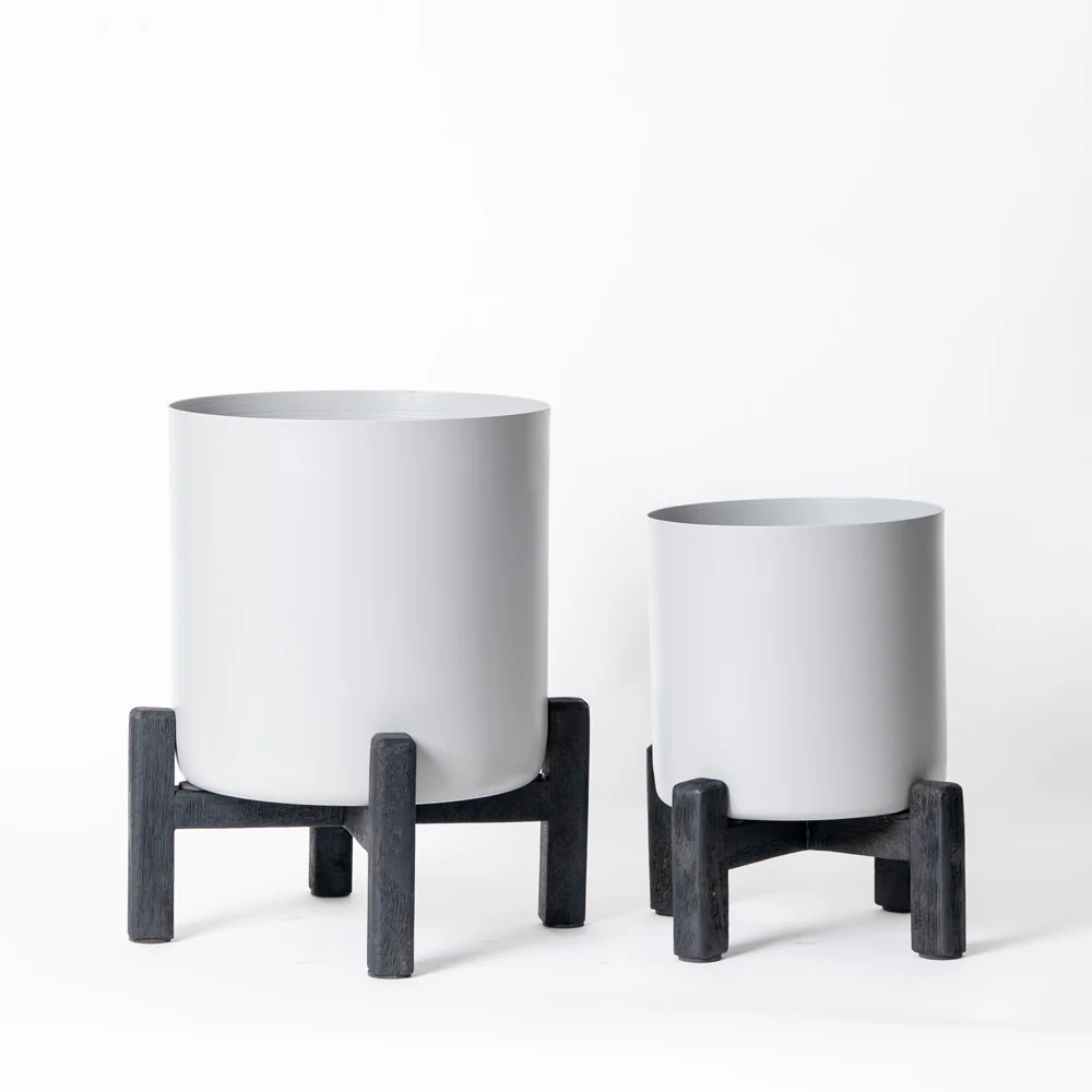 Hila Round Planters with Wooden Stands, Set of 2 - Light Grey - Image 3