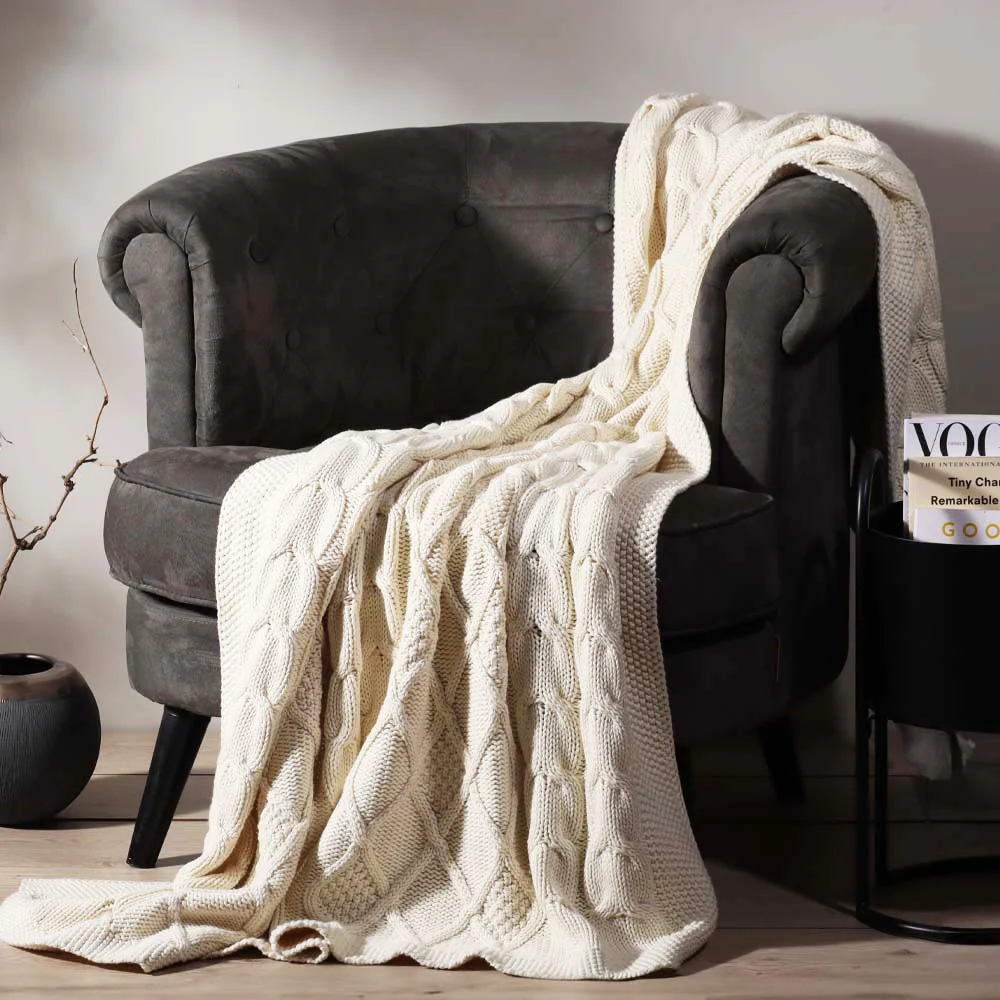 Honeycomb Knitted Throw - Cream - Image 2