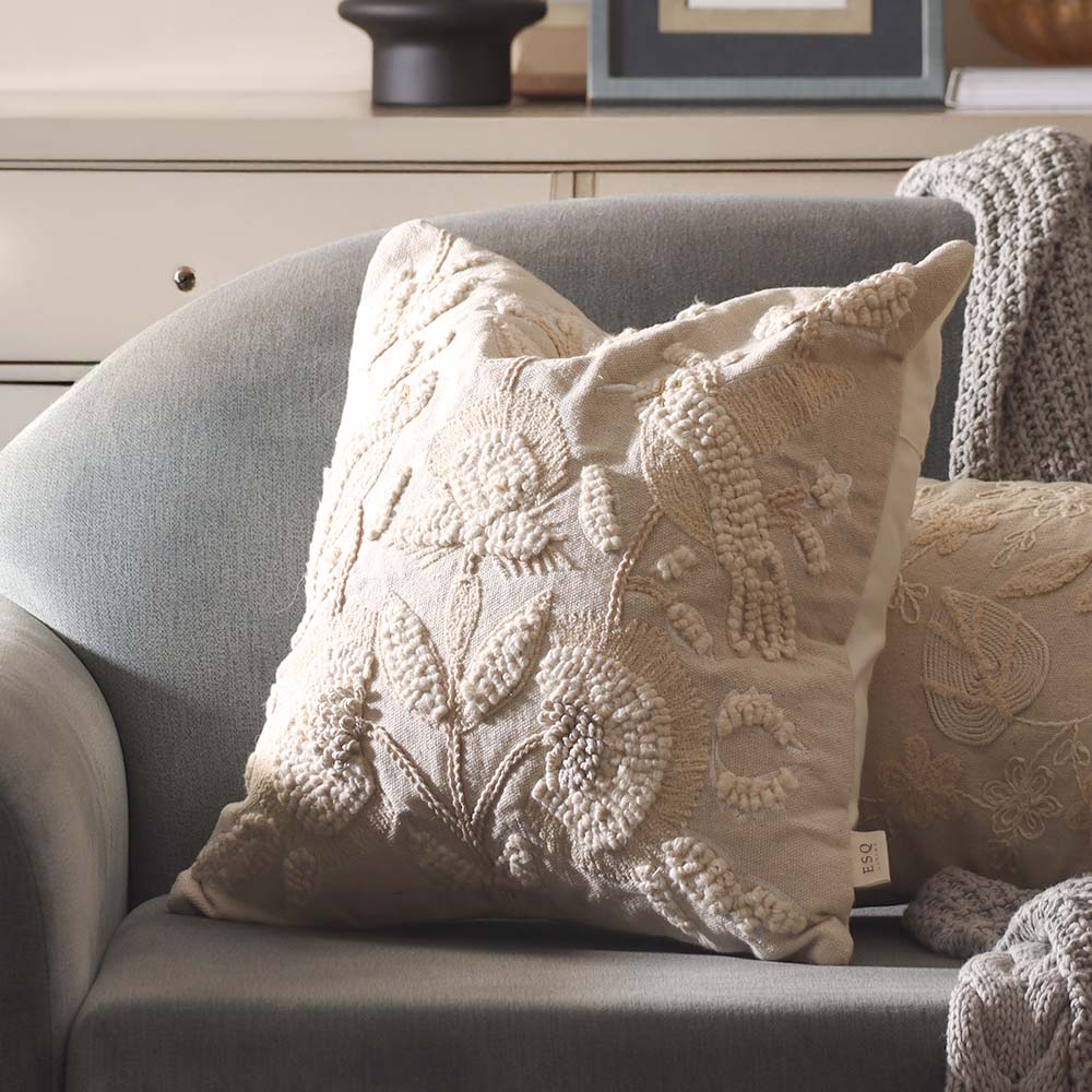 Hummingbird Tufted Embroidered Cotton Cushion Cover 45x45cm - Beige - Image 2