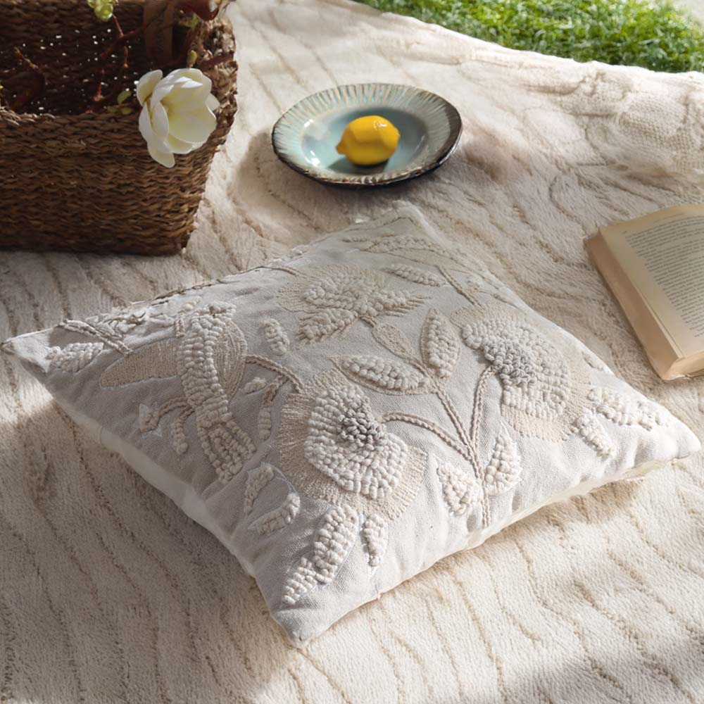 Hummingbird Tufted Embroidered Cotton Cushion Cover 45x45cm - Beige - Image 3