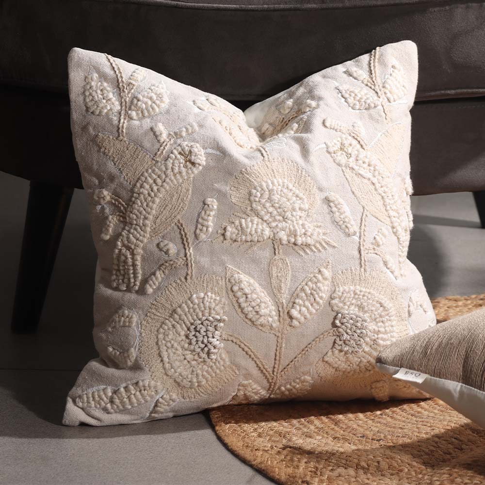Hummingbird Tufted Embroidered Cotton Cushion Cover 45x45cm - Beige - Image 4