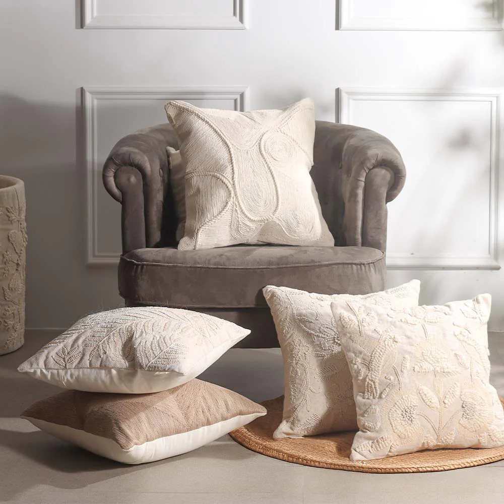 Hummingbird Tufted Embroidered Cotton Cushion Cover 45x45cm - Beige - Image 6