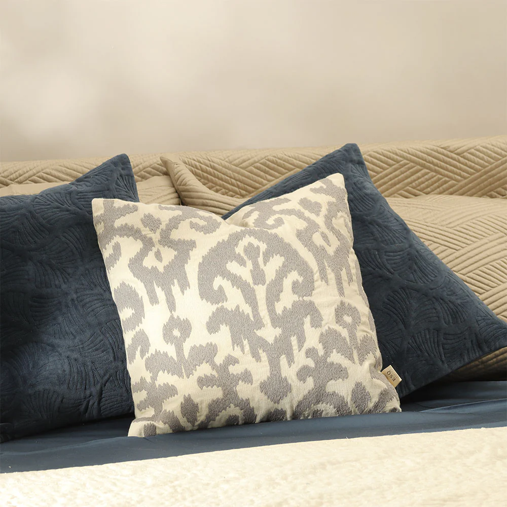 Ikat Embroidered Cotton Cushion Cover 45x45cm - White Grey - Image 2