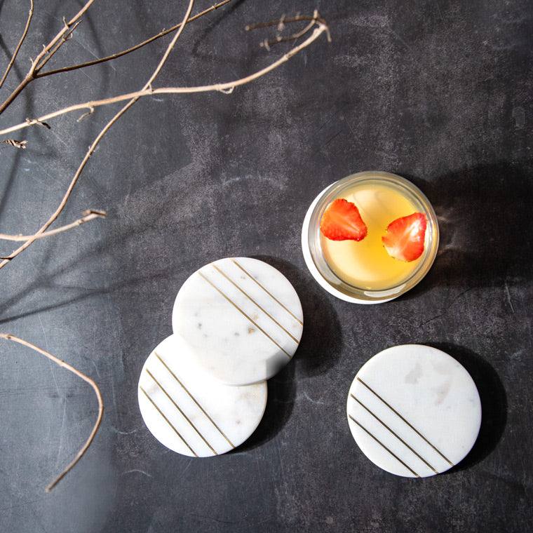Iris Round Marble Coasters, Set of 4 - White & Gold - Image 2