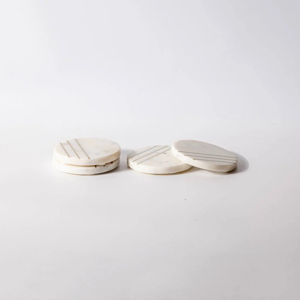 Iris Round Marble Coasters, Set of 4 - White & Gold - Image 3