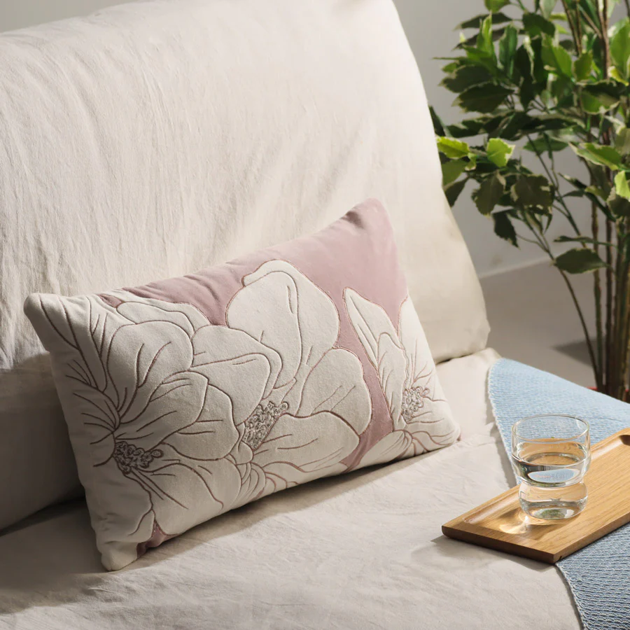 Iris Velvet Applique Rectangular Cushion Cover 50x30cm - Mauve White - Image 2