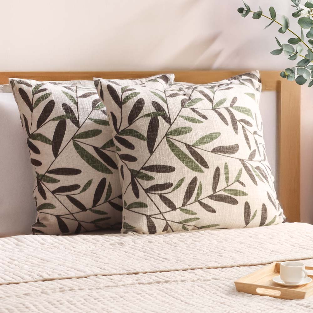 Ivy Printed Cotton Cushion Cover 45x45cm - Green White - Image 3
