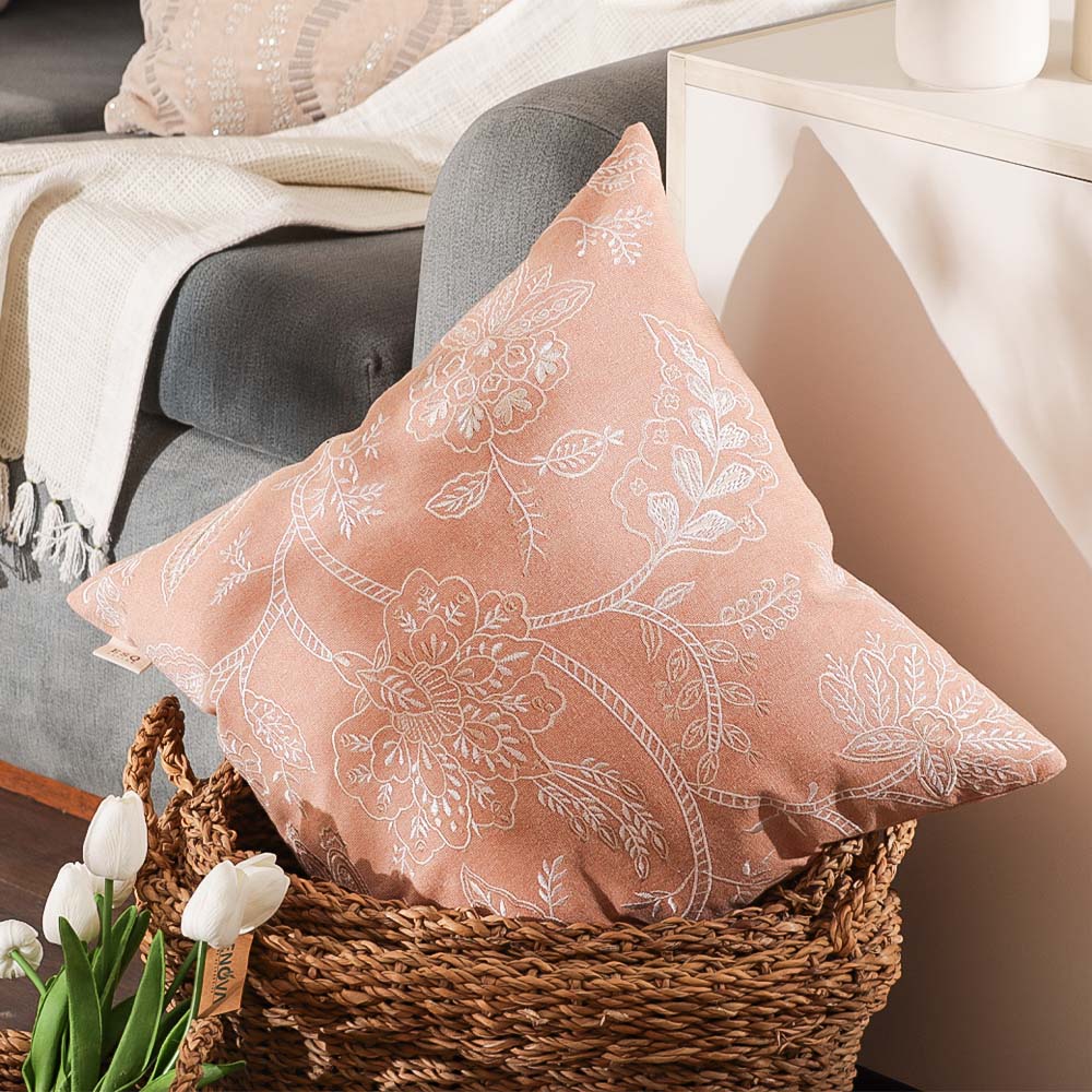 Jacobean Embroidered Cushion Cover 45x45cm - White Peach - Image 2