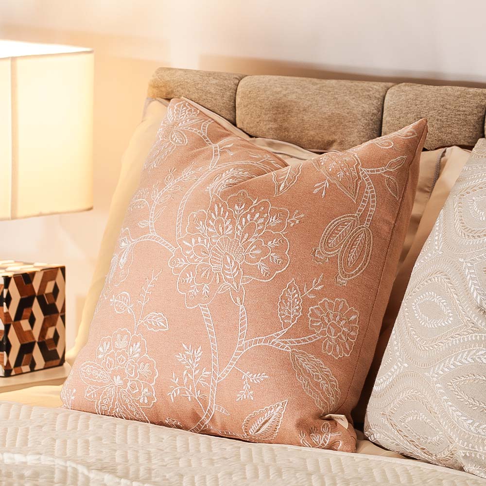 Jacobean Embroidered Cushion Cover 45x45cm - White Peach - Image 3