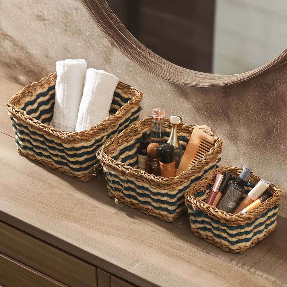 Jute & Seagrass Square Storage Baskets, Set of 3 - Blue Cream - Image 2
