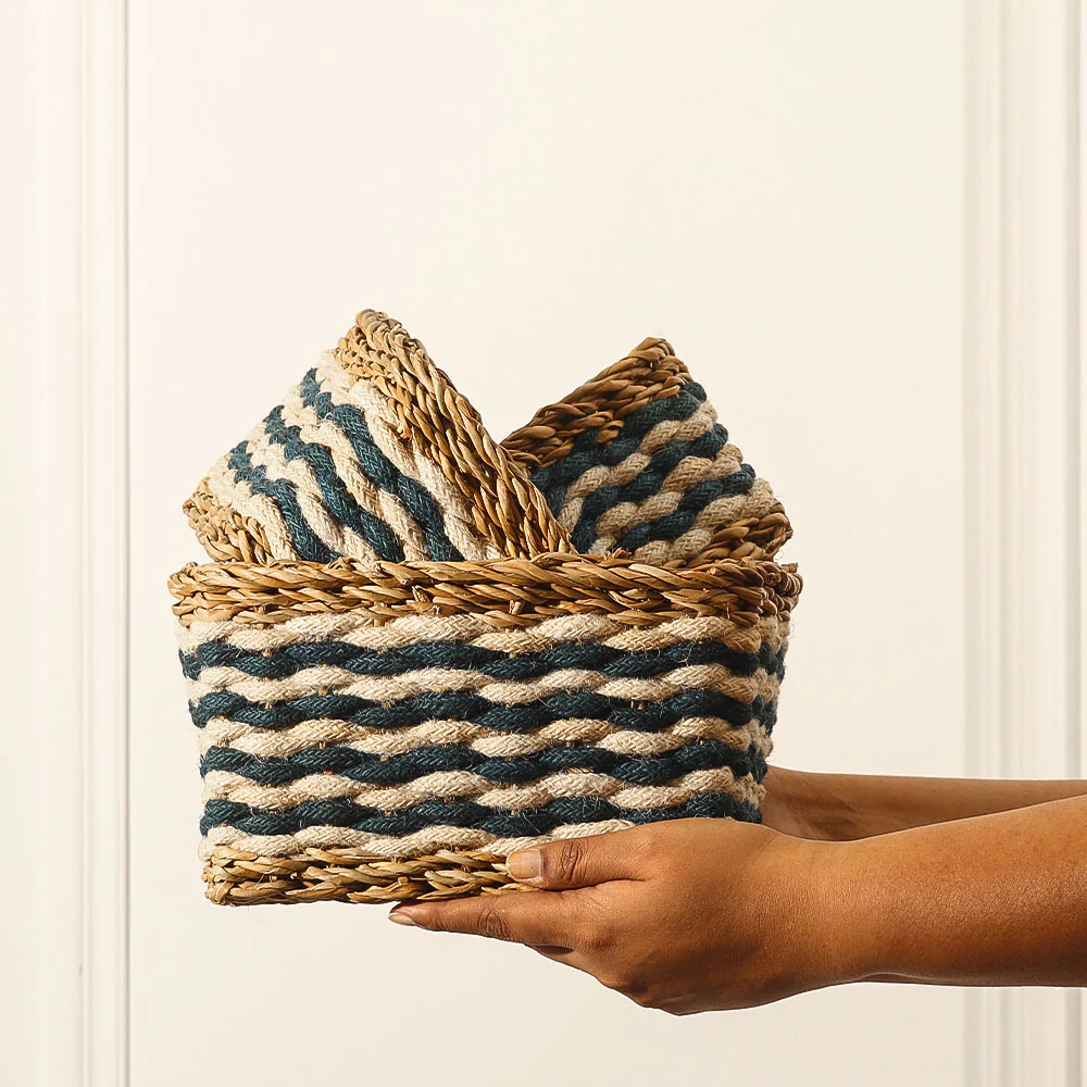 Jute & Seagrass Square Storage Baskets, Set of 3 - Blue Cream - Image 3