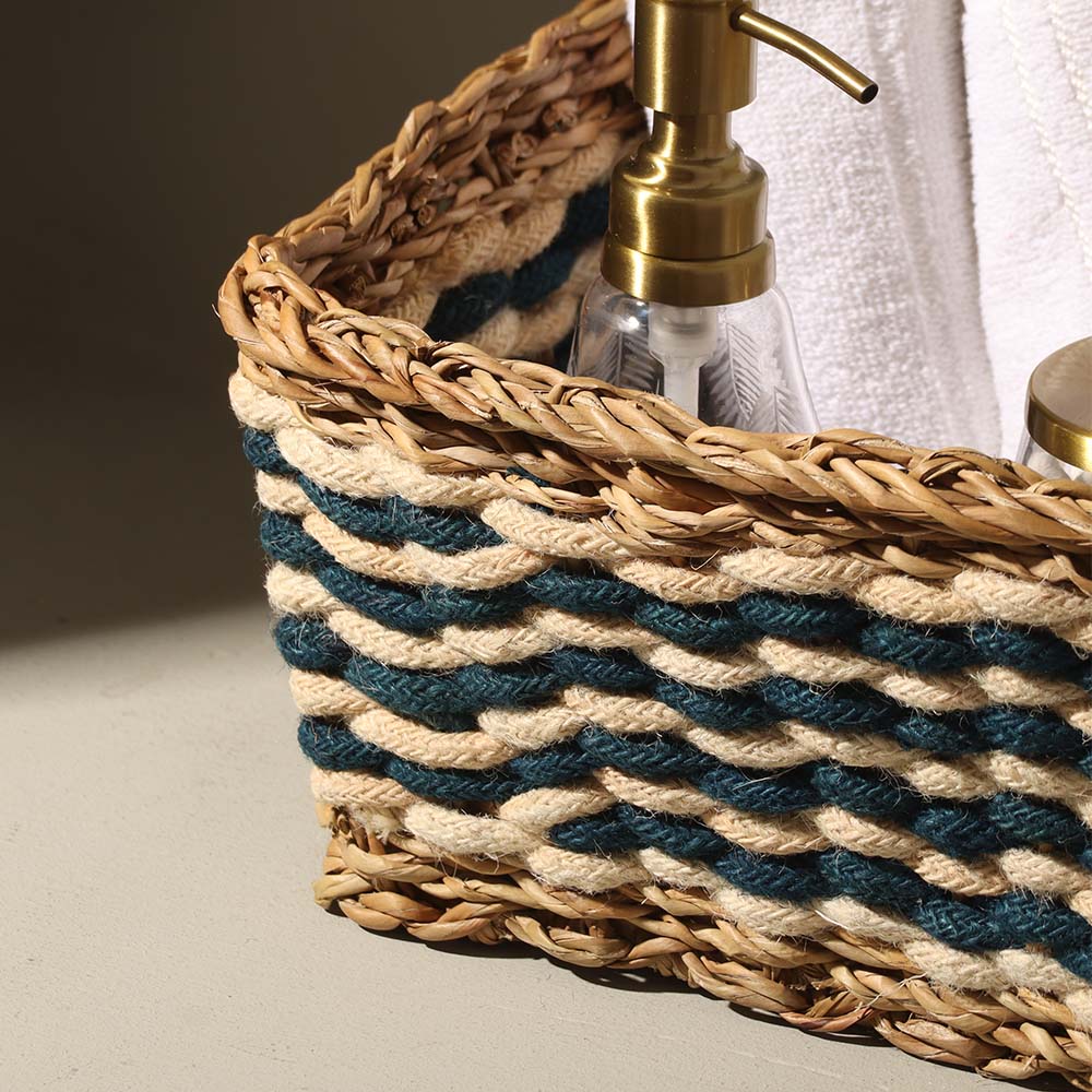 Jute & Seagrass Square Storage Baskets, Set of 3 - Blue Cream - Image 4