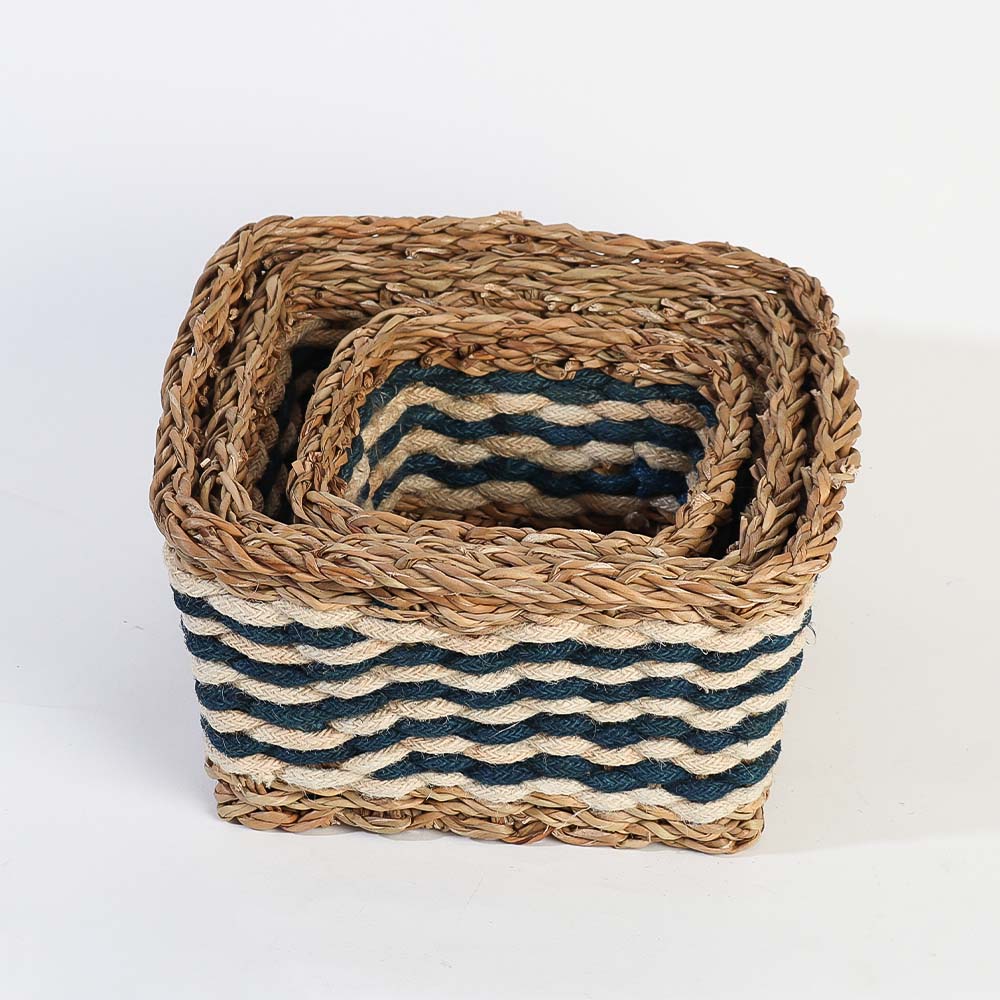 Jute & Seagrass Square Storage Baskets, Set of 3 - Blue Cream - Image 5