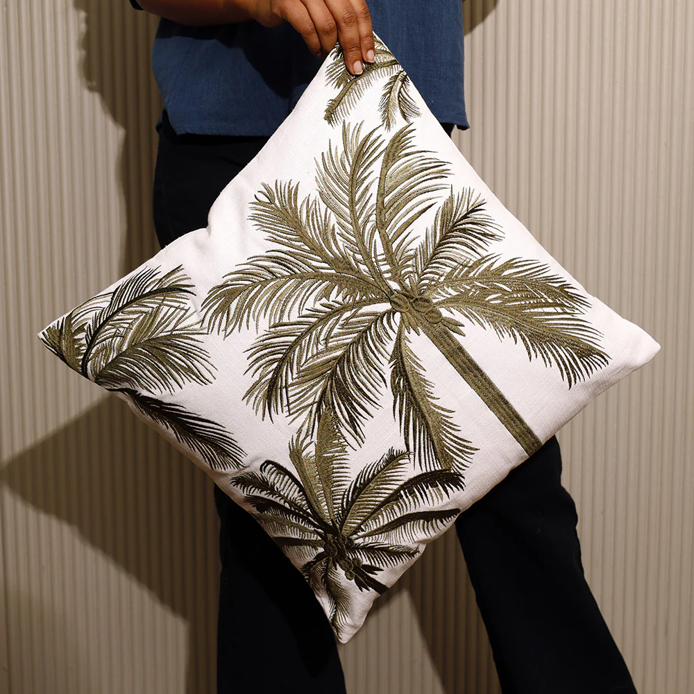 King Palm Embroidered Cushion Cover 45x45cm - Green White - Image 4