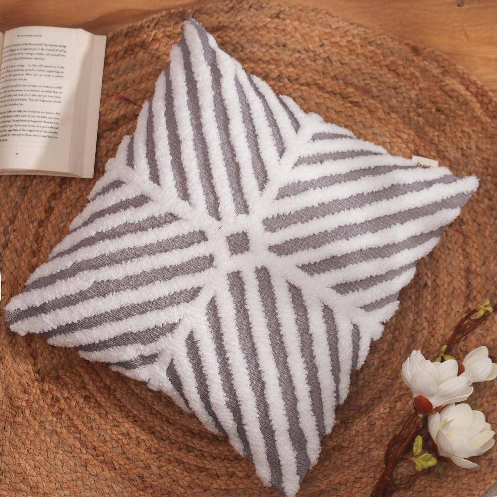 Lattice Tufted Knitted Cushion Cover 45x45cm - Grey White - Image 4