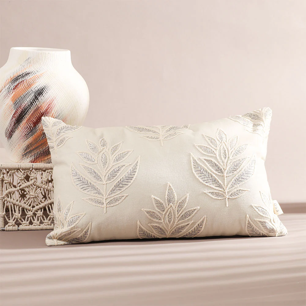 Leaf Rectangular Embroidered Cotton Cushion Cover 50x30cm - Grey Sage - Image 2