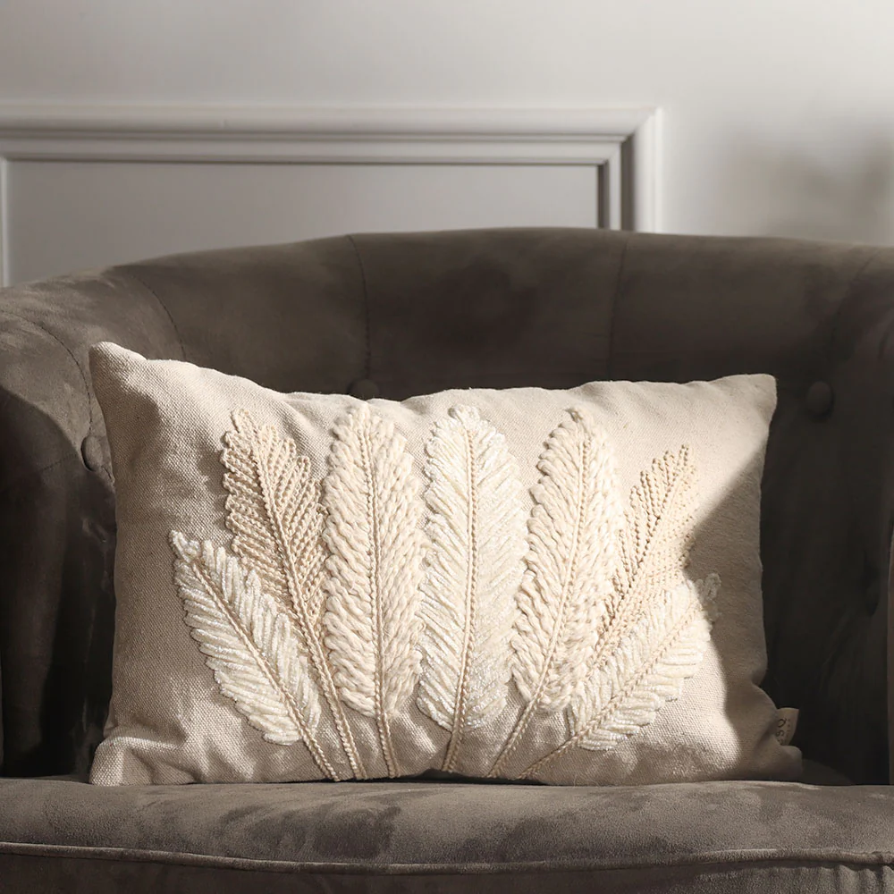 Leaves Embroidered Rectangular Cotton Cushion Cover 30x50cm - White - Image 2