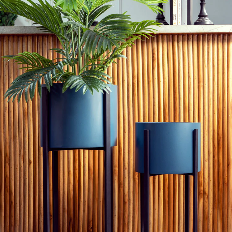 Lina Oval Planters with Metal Stands, Set of 2 - Aqua Blue - Image 2