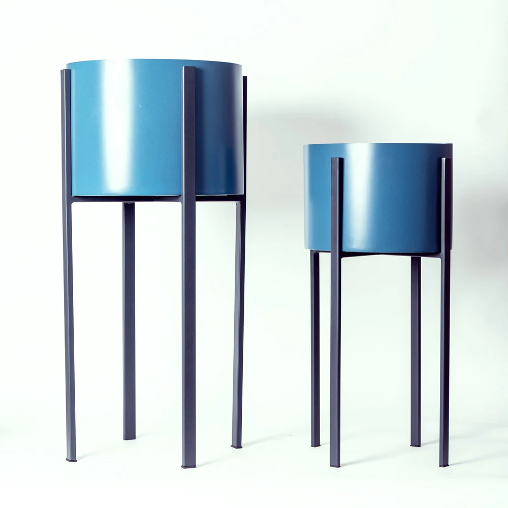 Lina Oval Planters with Metal Stands, Set of 2 - Aqua Blue - Image 3