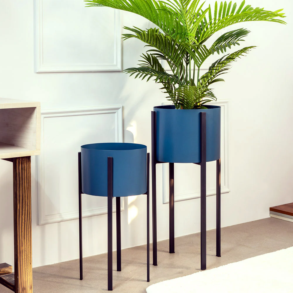 Lina Oval Planters with Metal Stands, Set of 2 - Aqua Blue - Image 4