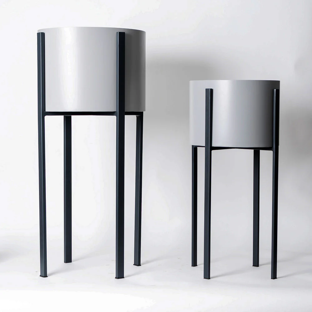Lina Oval Planters with Metal Stands, Set of 2 - Light Grey - Image 3