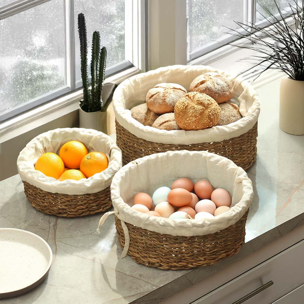 Lined Seagrass Round Storage Baskets, Set of 3 - Natural - Image 2