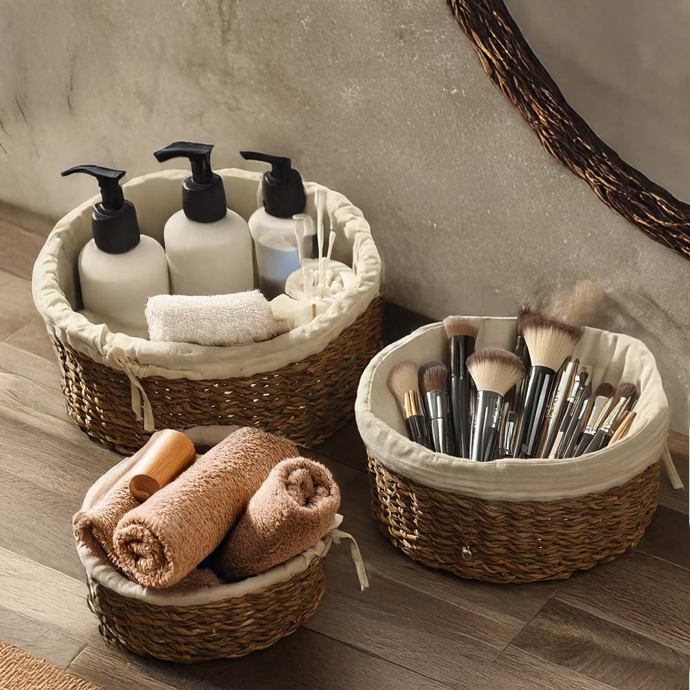 Lined Seagrass Round Storage Baskets, Set of 3 - Natural - Image 4