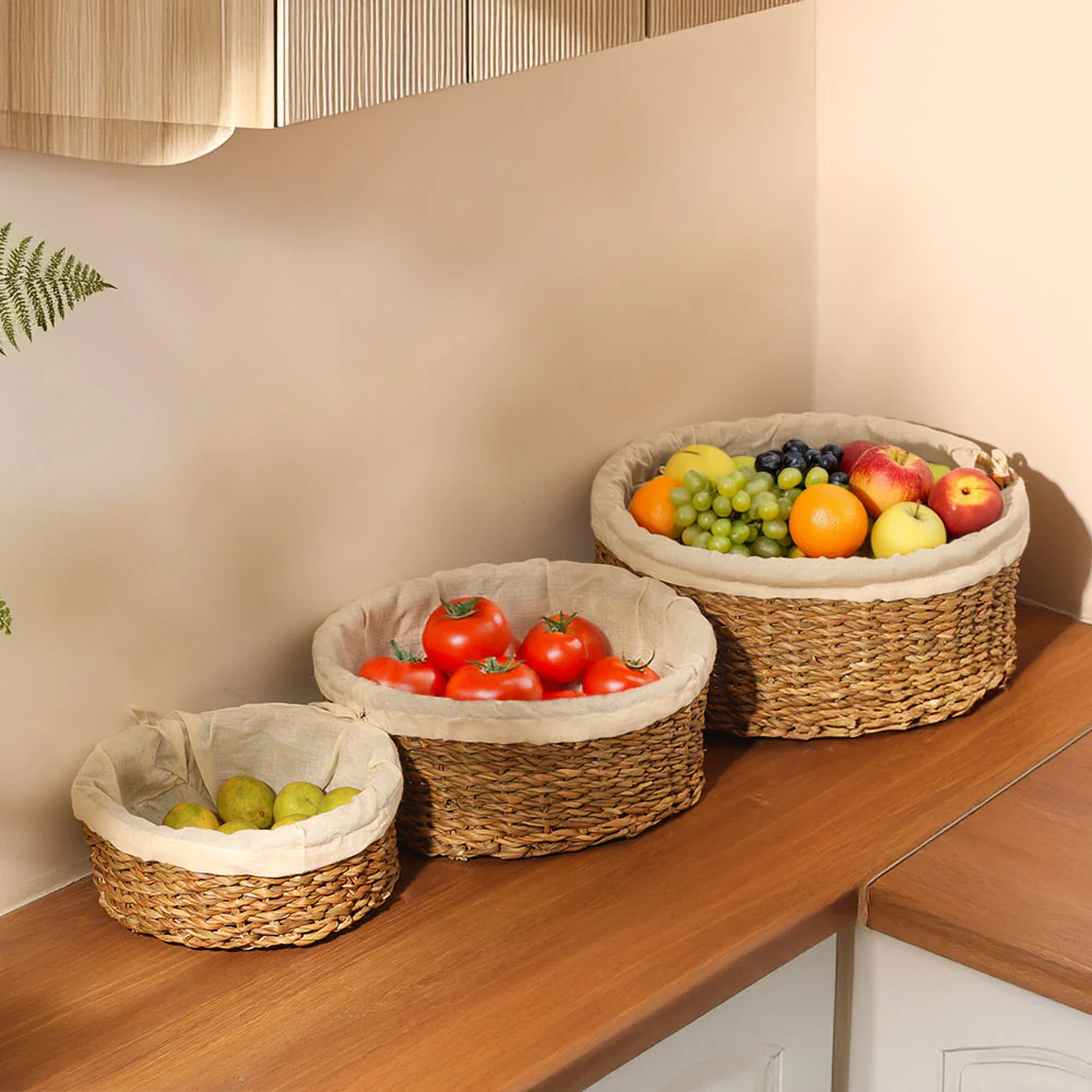 Lined Seagrass Round Storage Baskets, Set of 3 - Natural - Image 5