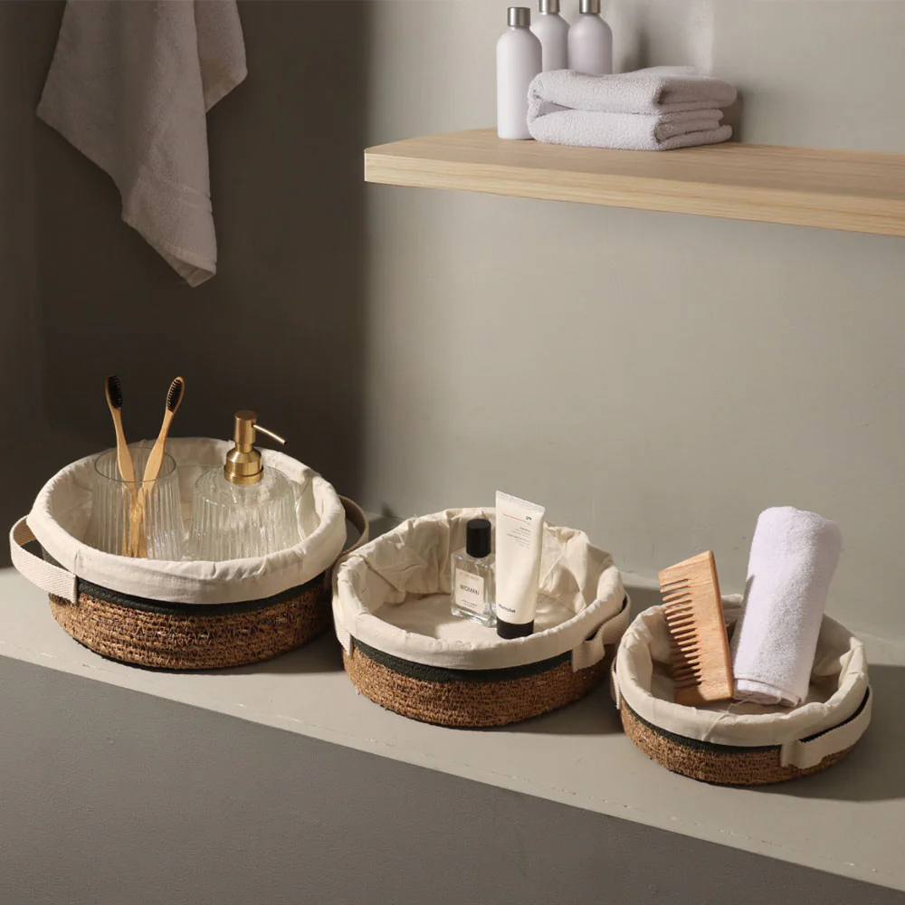Lined Seagrass Round Storage Baskets, Set of 3 - Natural Olive - Image 2