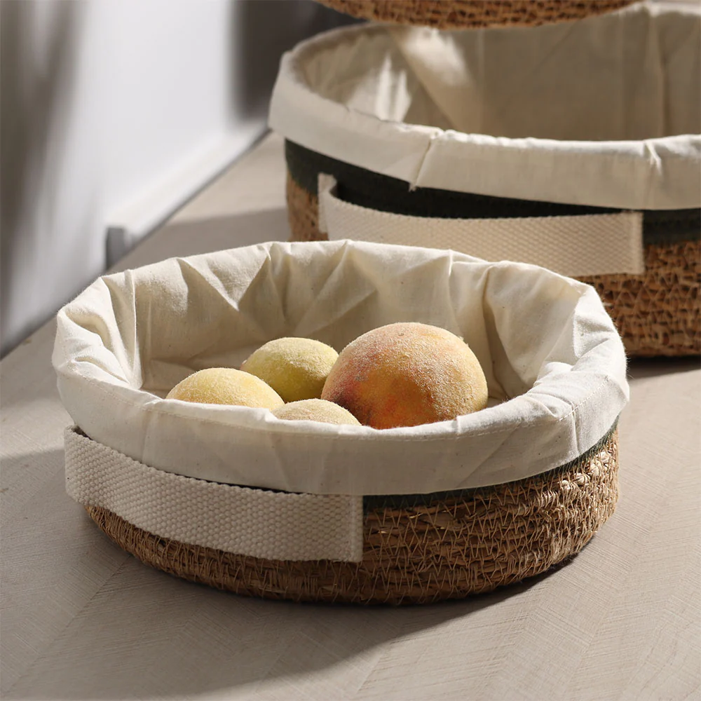 Lined Seagrass Round Storage Baskets, Set of 3 - Natural Olive - Image 3